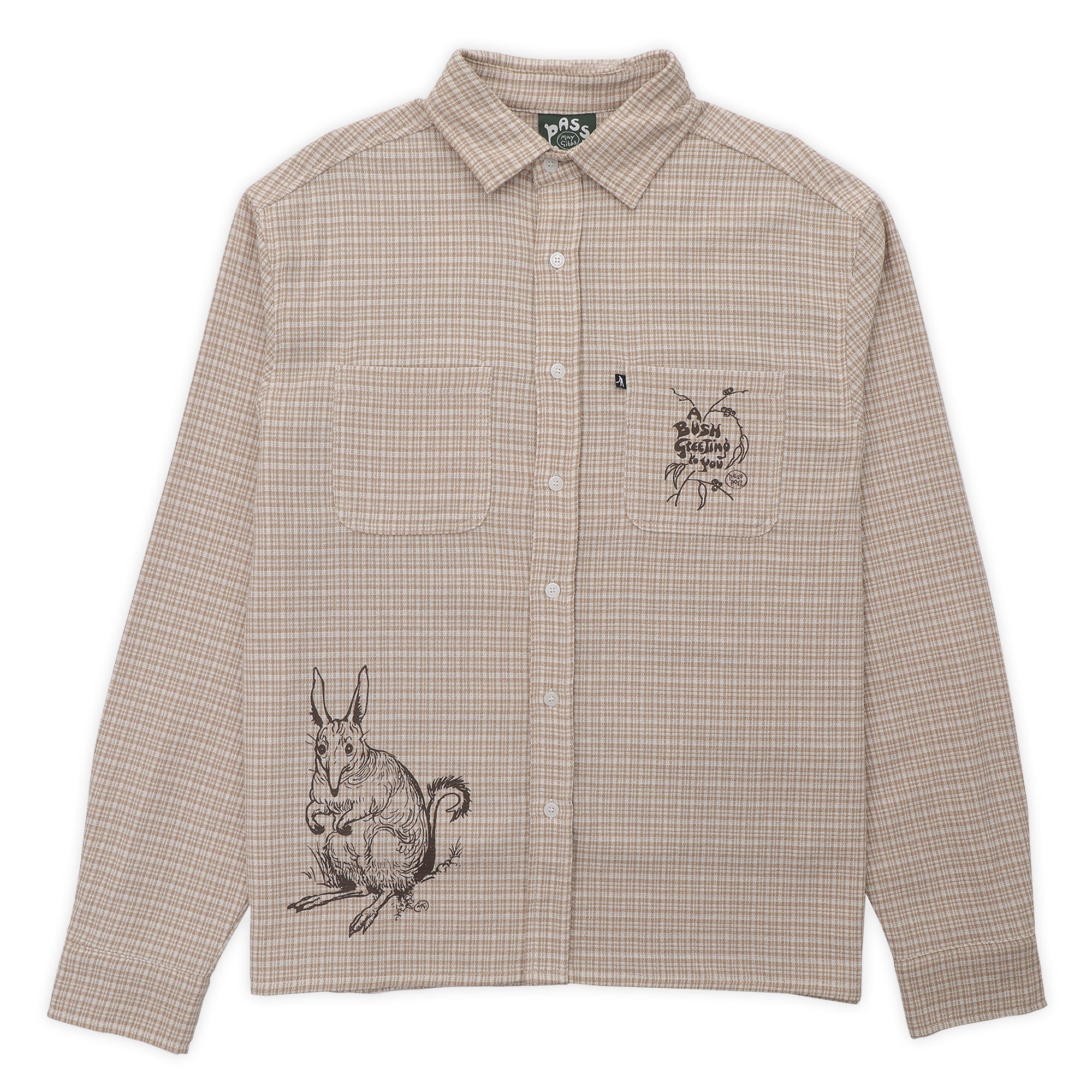Pass~Port & May Gibbs Bush Greeting Workers Check Long Sleeve Shirt - Tan