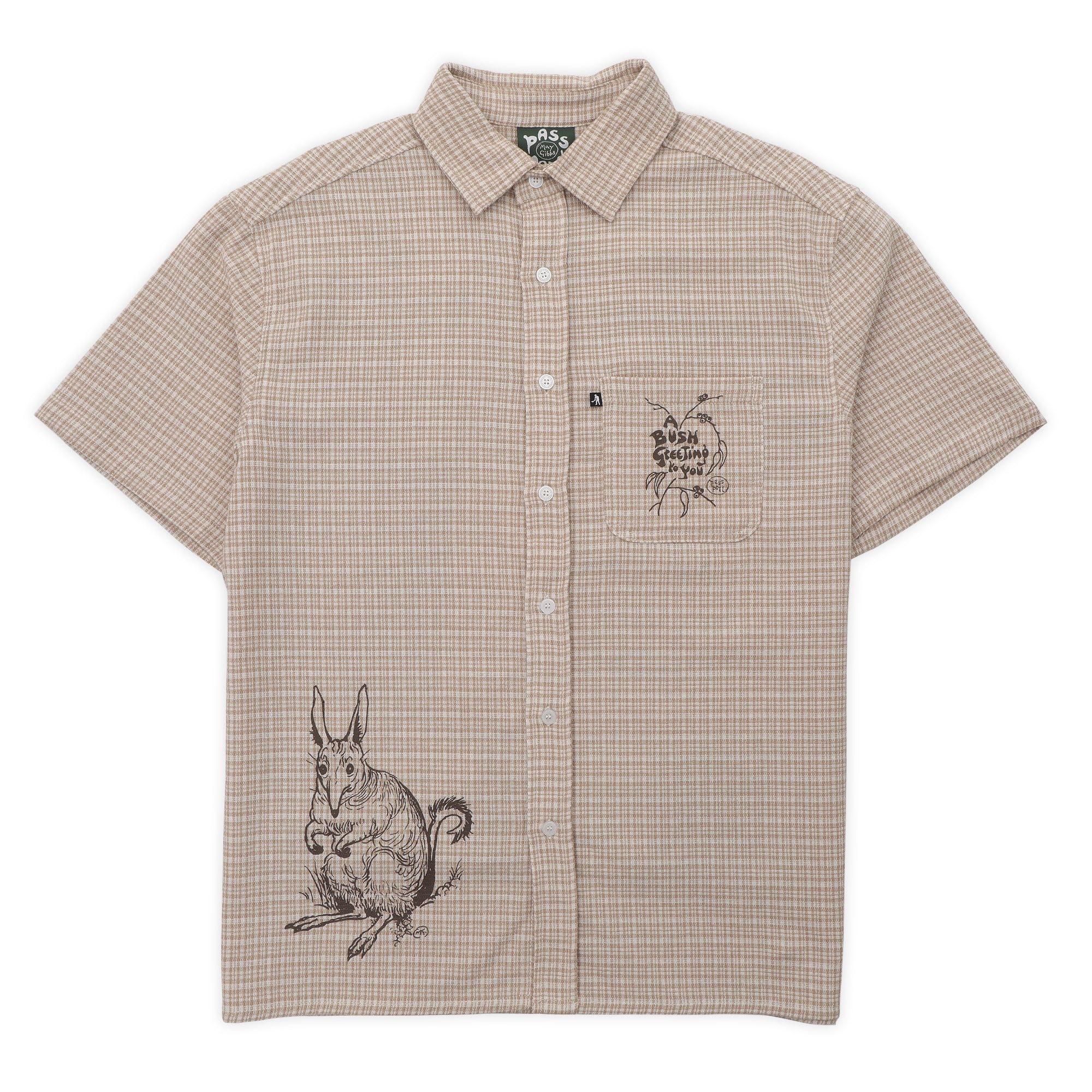 Pass~Port & May Gibbs Bush Greeting Workers Check Short Sleeve Shirt - Tan
